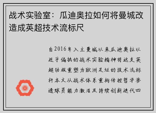 战术实验室：瓜迪奥拉如何将曼城改造成英超技术流标尺