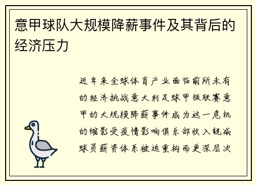 意甲球队大规模降薪事件及其背后的经济压力