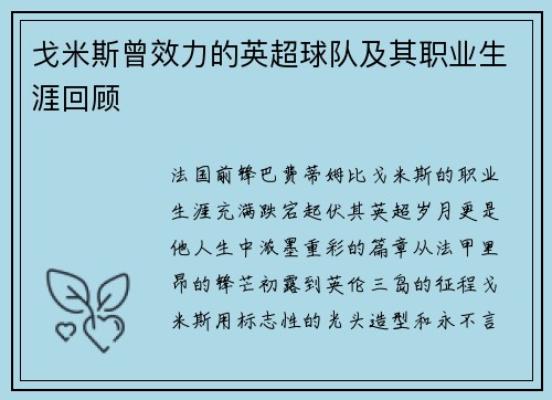 戈米斯曾效力的英超球队及其职业生涯回顾