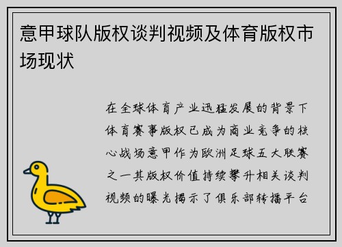 意甲球队版权谈判视频及体育版权市场现状